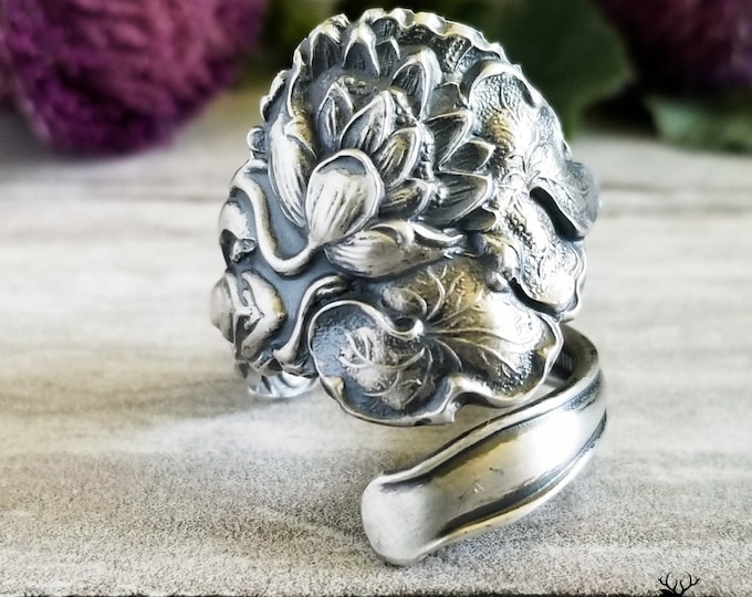 Sterling Lotus Spoon Ring, Waterlily Spoon Ring, Vintage Floral Spoon Ring, Vintage Flower Jewelry, Antique Sterling Silver Flower Ring, 376