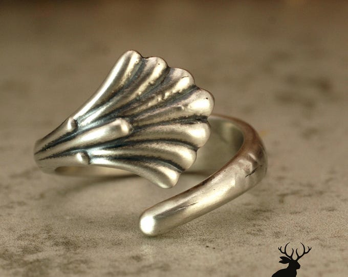 Dainty Sterling Shell Ring, Art Nouveau Boho Ring, Vintage Elegant Scale Ring, Vintage Sterling Silver Spoon Ring, Victorian Ring, 2335