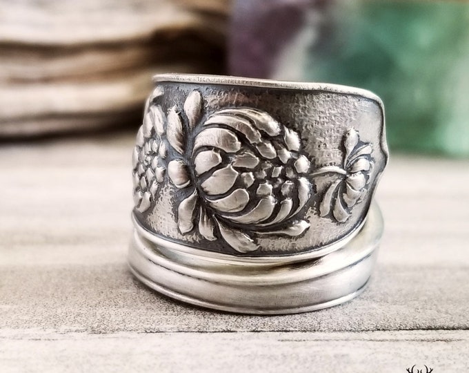 Chrysanthemum Sterling Silver Ring, Art Nouveau Sterling Spoon Ring, Antique Flower Spoon Ring, Flower Spoon Ring, Floral Spoon Jewelry 1409