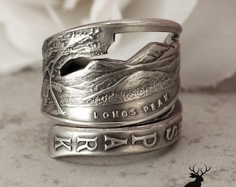 Long's Peak Mountain Ring, Wide Sterling Silver Estes Park Ring, Vintage Colorado Wrap Ring, Historical Hiking Sterling Spoon Ring, 2334B