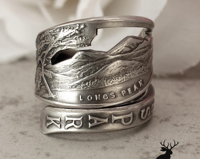 Long's Peak Mountain Ring, Wide Sterling Silver Estes Park Ring, Vintage Colorado Wrap Ring, Historical Hiking Sterling Spoon Ring, 2334B