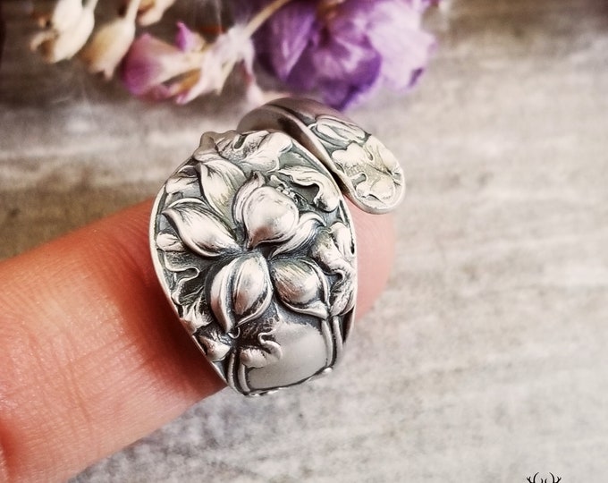 Silver Daffodil Wrap Ring, Floral Sterling Bloom Ring, Vintage Wrap Ring, Silver Spoon Ring, Floral Ring Gift, Antique Flower Ring, 1032