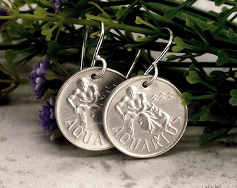 Sterling Silver Aquarius Dangle Earrings, Silver Zodiac Earrings, Art Nouveau Astrology Dangle Earrings, Water Bearer Jewelry, Aqua-E1