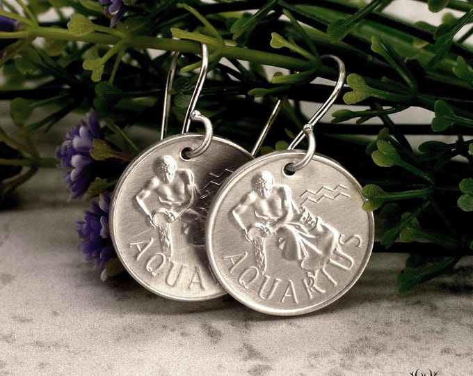 Sterling Silver Aquarius Dangle Earrings, Silver Zodiac Earrings, Art Nouveau Astrology Dangle Earrings, Water Bearer Jewelry, Aqua-E1