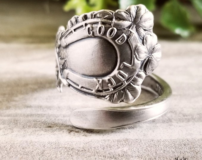 Good Luck Spoon Ring, Vintage Lucky Sterling Ring, Horseshoe Souvenir Ring, Vintage 4-Leaf Clover Spoon Ring, Wishbone Sterling Ring 1428