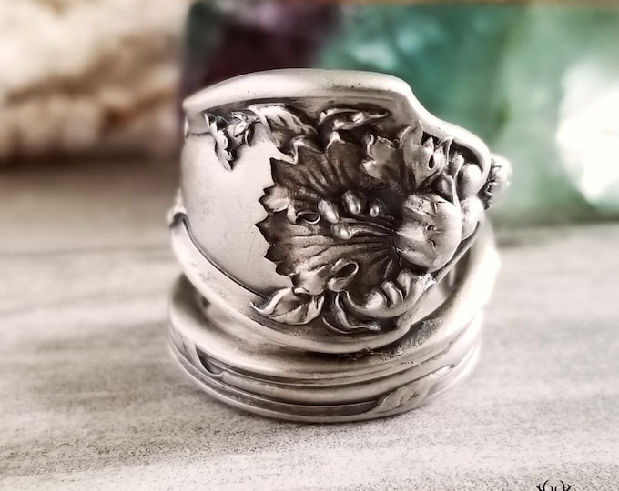 Antique Rose Sterling Silver Spoon Ring, Wild Rose Spoon Ring, Sterling Floral Spoon Ring, Vintage Flower Ring, Vintage Spoon Jewelry, 1652