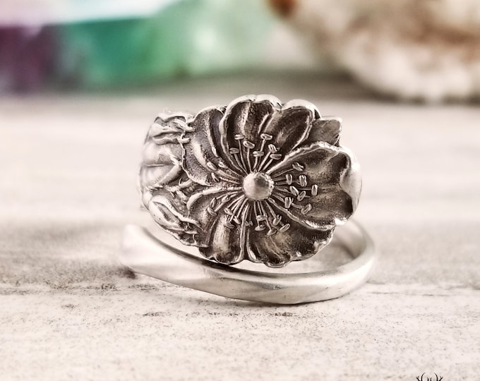 Apple Blossom Sterling Ring, Floral Spoon Ring, Art Nouveau Flower Jewelry, Fruit Blossom Ring, Nature Inspired Gift, Silver Flower Ring 924