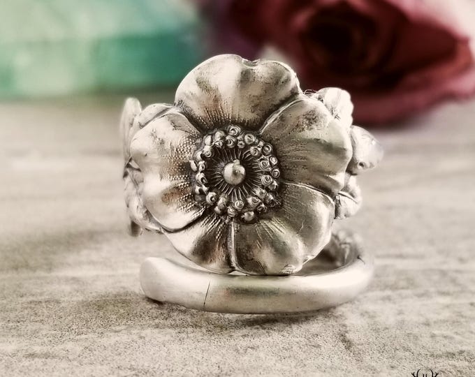 Unique Wild Rose Ring, Antique Sterling Silver Rosa Canina Ring, Elegant Rosa Wrap Ring, Vintage Flower Ring, Vintage Rose Jewelry, 397
