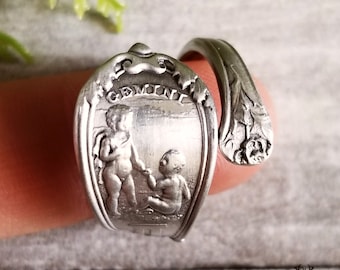 Gemini Zodiac Silver Twins Ring, Sterling Silver Ring, Zodiac Spoon Ring, Gemini Silver Spoon Ring, Vintage Twins Ring, Tarot Jewelry, 833B