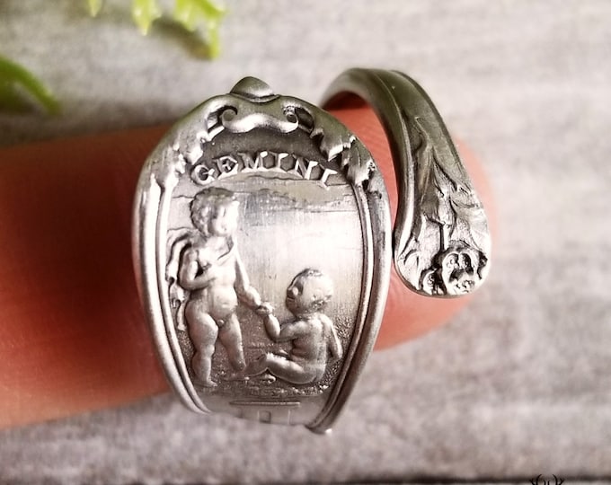 Gemini Zodiac Silver Twins Ring, Sterling Silver Ring, Zodiac Spoon Ring, Gemini Silver Spoon Ring, Vintage Twins Ring, Tarot Jewelry, 833B