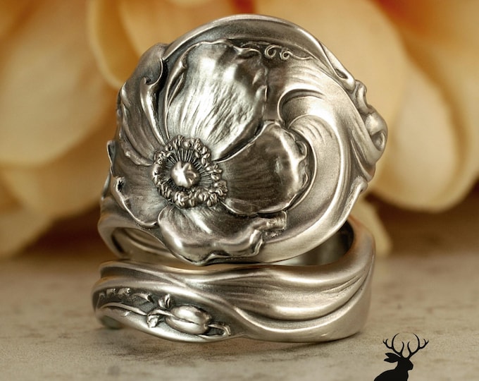 Rare Shiebler Poppy Bloom Ring, Unique Art Nouveau Blossom Wrap Ring, Antique Sterling Silver Shiebler Silversmiths Spoon Ring, 2377