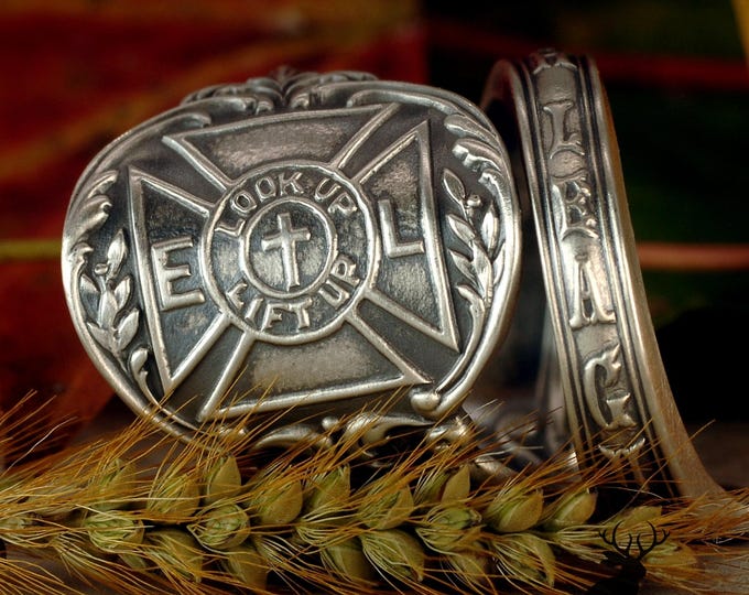 Sterling Silver Epworth League Methodist Ring, Historical Christian Wrap Ring, Missionary Society Ring, Look Up Lift Up Spoon Ring, 2298