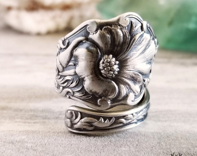 Stunning Poppy Bloom Ring, Floral Poppy Sterling Ring, Vintage Flower Ring, Art Nouveau Sterling Silver Flower Spoon Ring, Gift For Her,580