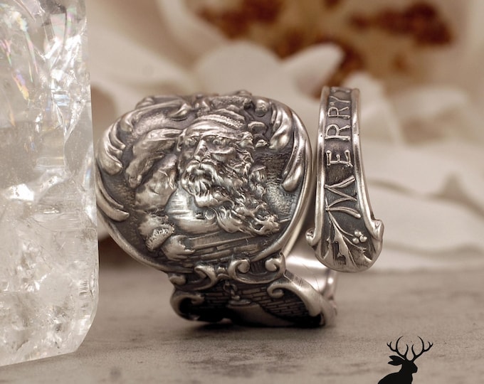 Unique Sterling Santa Ring, Merry Christmas Ring, Christmas Ring, Vintage Sterling Silver Adjustable Holiday Spoon Ring, 2444