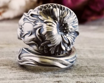 Chrysanthemum Sterling Silver Bloom Ring, Art Nouveau Sterling Kiku Ring, Antique Flower Ring, Floral Mum Ring, Floral Jewelry Gift, 340B