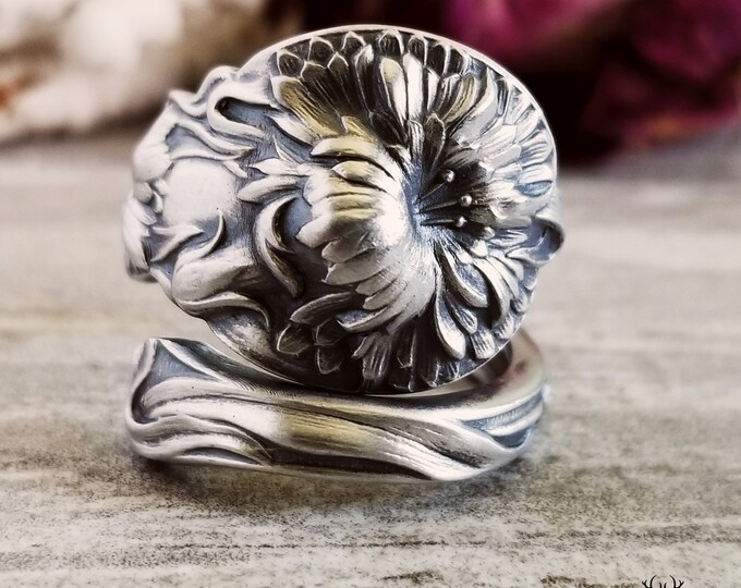 Chrysanthemum Sterling Silver Bloom Ring, Art Nouveau Sterling Kiku Ring, Antique Flower Ring, Floral Mum Ring, Floral Jewelry Gift, 340B