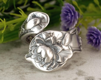 Sterling Waterlily Wrap Ring, Vintage Sacred Lotus Bloom Ring, Silver Lotus Ring, Antique Silver Flower Bloom Spoon Ring, 207C