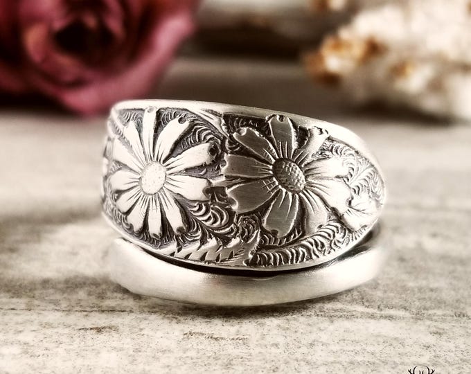 Art Nouveau Daisy Bloom Ring, Sterling Daisy Ring, Floral Wrap Ring, Vintage Sterling Silver Spoon Ring, Vintage Nature Inspired Ring, 2074