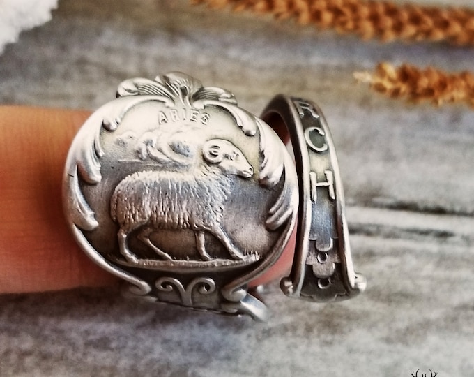 Aries Zodiac Silver Ram Ring, Sterling Silver Ring, Zodiac Spoon Ring, Aries Silver Spoon Ring, Ram Silver Spoon Ring, Tarot Jewelry, 1160