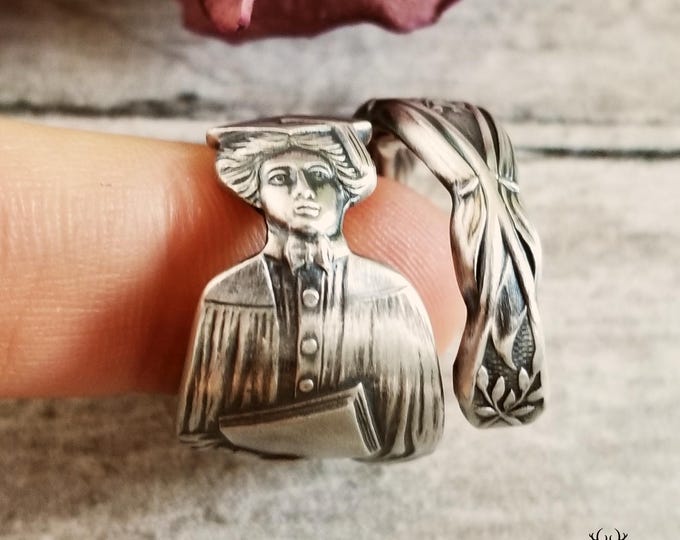 Unique Sterling Graduation Ring, Lady's Silver Graduation Wrap Ring, Silver University Spoon Ring, Antique Sterling Silver Spoon Ring, 2191