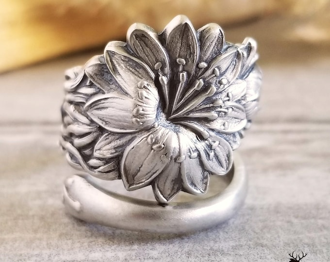 Passion Flower Wrap Ring, Art Nouveau Tropical Flower Ring, Floral Bloom Ring, Vintage Spoon Jewelry, Flower Sterling Silver Spoon Ring, 581