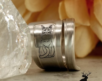 Sterling Silver Feline Wrap Ring, Unique Engraved Cat Ring, Elegant Neko Ring, Antique Sterling Silver Victorian Grimalkin Spoon Ring, 5027