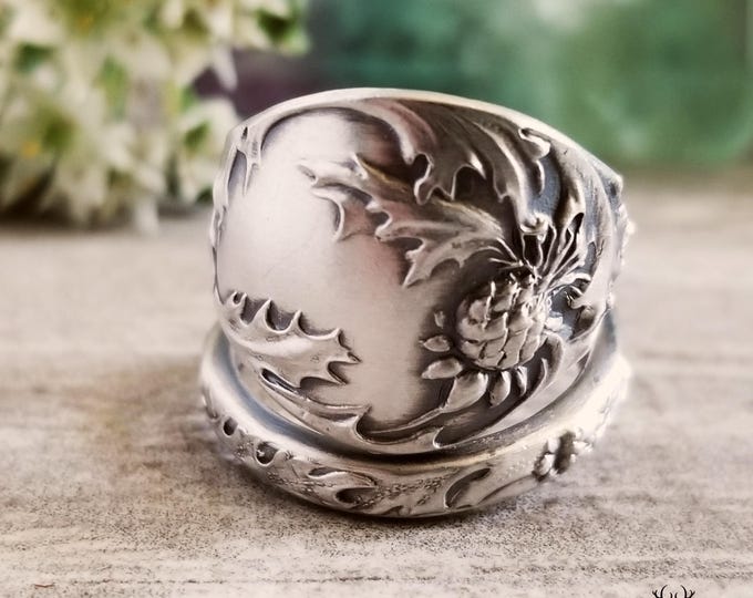Sterling Thistle Wrap Ring, Thorn Flower Ring, Cirsium Ring, Vintage Spiral Asteraceae Ring, Thistle Ring, Scottish Sterling Spoon Ring, 209