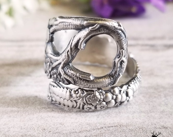 Sterling Wilderness Wrap Ring, Botanical Spiral Ring, Unique Vintage Ring, Vintage Spoon Jewelry, Nature Inspired Leaf Spoon Ring, 1077