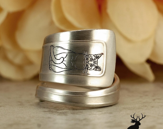 Sterling Silver Feline Wrap Ring, Unique Engraved Cat Ring, Elegant Neko Ring, Antique Sterling Silver Victorian Grimalkin Spoon Ring, 5027