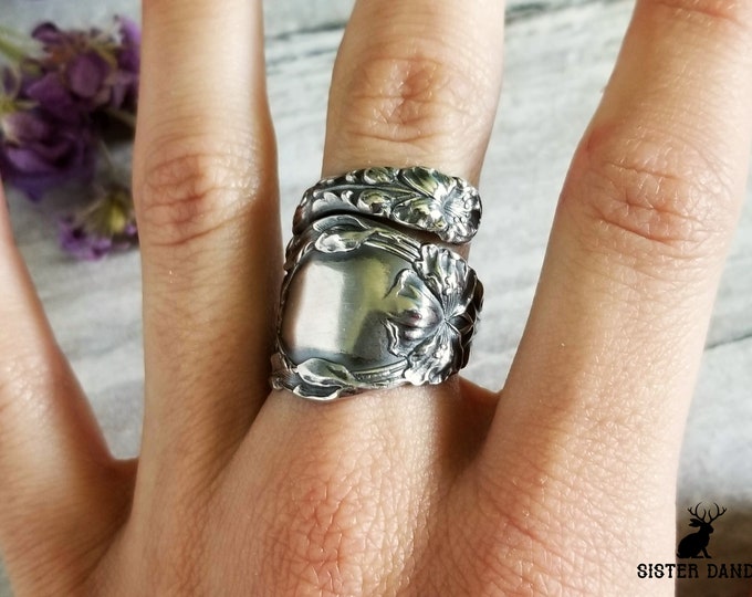 Sterling Poppy Bloom Ring, Sterling Floral Wrap Ring, Wildflower Vintage Ring, Vintage Flower Ring, Sterling Silver Flower Spoon Ring, 719