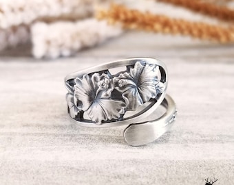 Hibiscus Flower Ring, Hibiscus Wrap Ring, Honolulu, Hawaii Ring, Vintage Spoon Jewelry, Sterling Silver Wrap Ring, Boho Spoon Ring, 839B