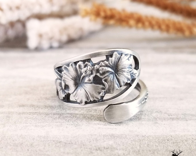 Hibiscus Flower Ring, Hibiscus Ring, Honolulu Hawaii Spoon Ring, Vintage Spoon Jewelry, Sterling Silver Wrap Ring, Boho Spoon Ring, 839B