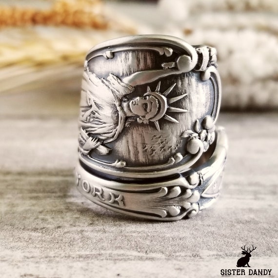 antique silver Spoon ring 17号 Statue of Liberty Ring, New York Sterling Spoon Ring