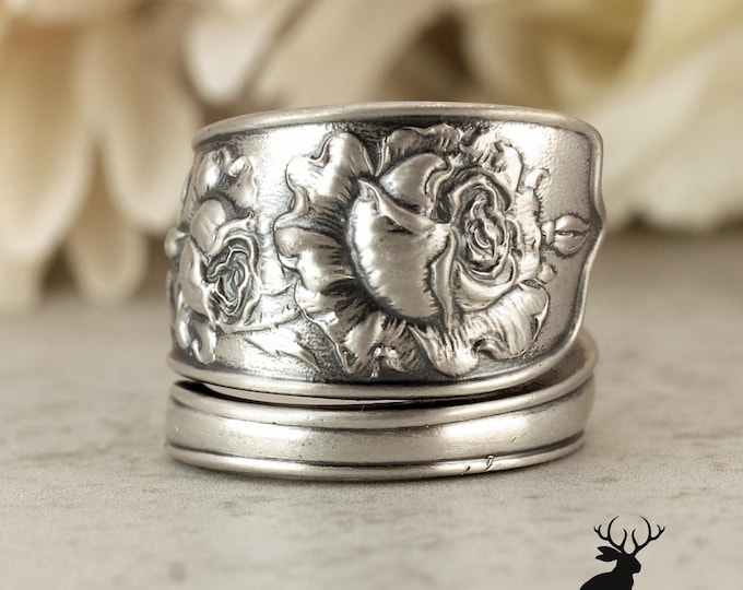Elegant Rosa Ring, Sterling Silver Rose Wrap Ring, Sterling Rosalie Bloom Ring, Antique Rose Jewelry, Retro Roses Spoon Ring, 1840