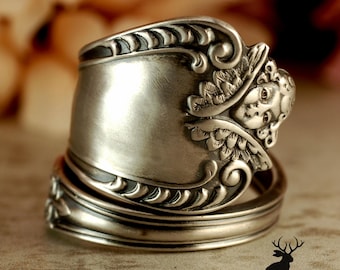 Sterling Silver Cherub Ring, Angel Wrap Ring, Victorian Angelic Ring, Art Nouveau Angel, Antique Sterling Silver Rococco Spoon Ring, 1969