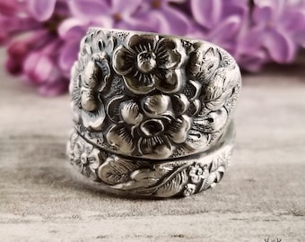 Flower Bouquet Sterling Wrap Ring, Vintage Wildflower Ring, Unique Silver Spiral Statement Ring, Antique Sterling Silver Spoon Ring, 1927