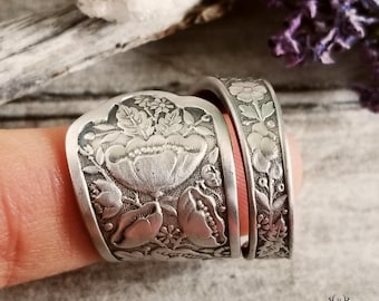 Briar Rose Sterling Ring, Antique Wildflower Ring, Silver Wild Rose Ring, Vintage Rose Jewelry, Unique Sterling Silver Spoon Ring, 1188