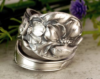 Stunning Wild Flower Bloom Ring, Floral Poppy Sterling Ring, Vintage Spring Flower Ring, Art Nouveau Sterling Silver Flower Spoon Ring, 2266
