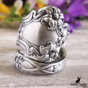 Art Nouveau Lily Ring, Silver Lily Spoon Ring, Vintage Flower Spoon Ring, Antique Floral Sterling Silver Spoon Ring, Boho Floral Ring, 257