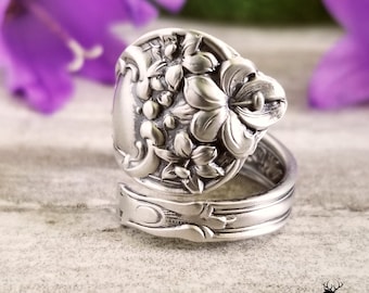 Violet Floral Spoon Ring, Flower Sterling Spoon Ring, Vintage Spoon Ring, Art Nouveau Sterling Silver Spoon Ring, Silver Flower Ring, 1255