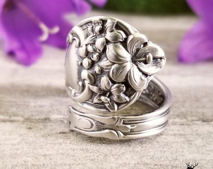 Violet Floral Spoon Ring, Flower Sterling Spoon Ring, Vintage Spoon Ring, Art Nouveau Sterling Silver Spoon Ring, Silver Flower Ring, 1255