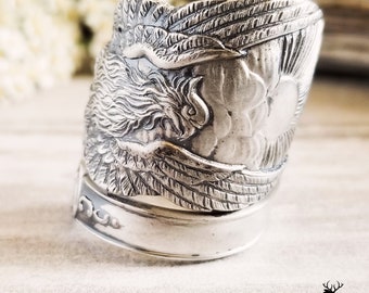 Phoenix Bird Sterling Ring, Phoenix Rebirth Jewelry, Bird Spoon Ring, Art Nouveau Bird Ring, Antique Bird Spoon Ring, Vintage Bird Ring, 126