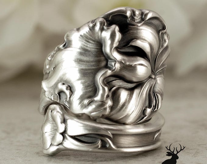 Wallace Orchid Sterling Spoon Ring, Antique Floral Wrap Ring, Art Nouveau Silver Flower Jewelry, Elegant Anniversary Gift, 2481