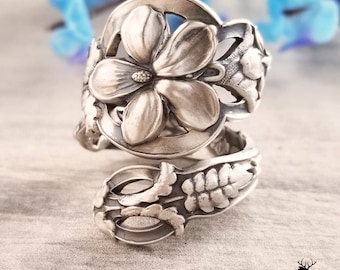 Art Nouveau Violet Sterling Spoon Ring, Floral Spoon Ring, Vintage Flower Spoon Ring ,Sterling Silver Spoon Ring, Silver Flower Ring, 246