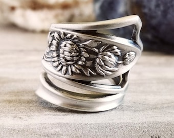 Chrysanthemum Silver Ring, Art Nouveau Sterling Spoon Ring, Antique Sterling Flower Spoon Ring, Flower Spoon Ring, Floral Jewelry,  1002