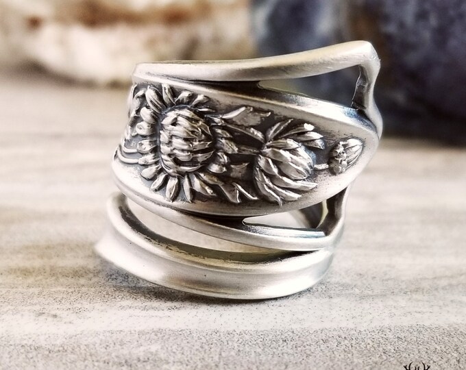 Chrysanthemum Silver Ring, Art Nouveau Sterling Spoon Ring, Antique Sterling Flower Spoon Ring, Flower Spoon Ring, Floral Jewelry,  1002