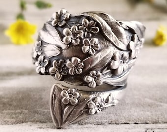 Forget-Me-Not Flower Bouquet Ring, Art Nouveau Style Ring, Forget-Me-Not Jewelry, Flower Bridal Spoon Ring, Bridesmaid Spoon Ring, 1453
