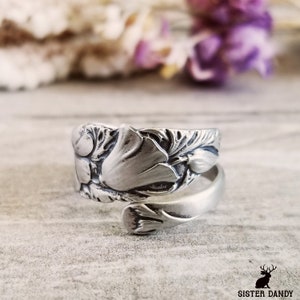 Dainty Wild Poppy Silver Spoon Ring, Small Floral Sterling Ring, Wildflower Vintage Spoon Ring, Vintage Sterling Flower Spoon Ring, 875