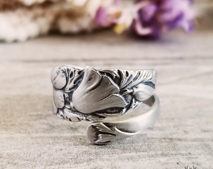 Dainty Wild Poppy Silver Spoon Ring, Small Floral Sterling Ring, Wildflower Vintage Spoon Ring, Vintage Sterling Flower Spoon Ring, 875