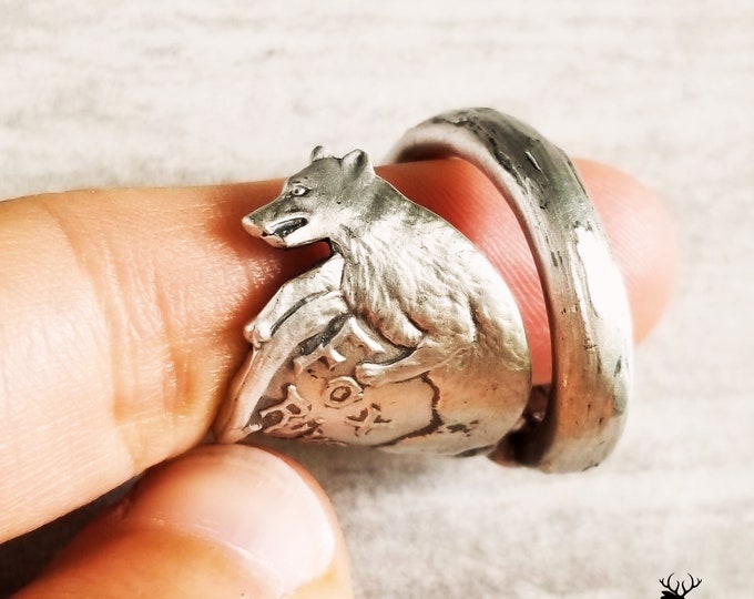 Rare Silver Fox Ring, Sterling Silver Fox Ring, Fox River Valley Wrap Ring, Canid Silver Spiral Ring, Silver Fox Kitsune Spoon Ring, 1051
